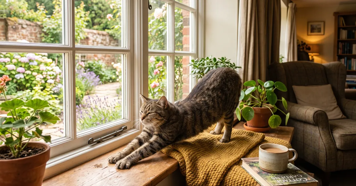 Tabby cat stretching on a sunny windowsill in a cosy UK living room, CatLife cat care guides